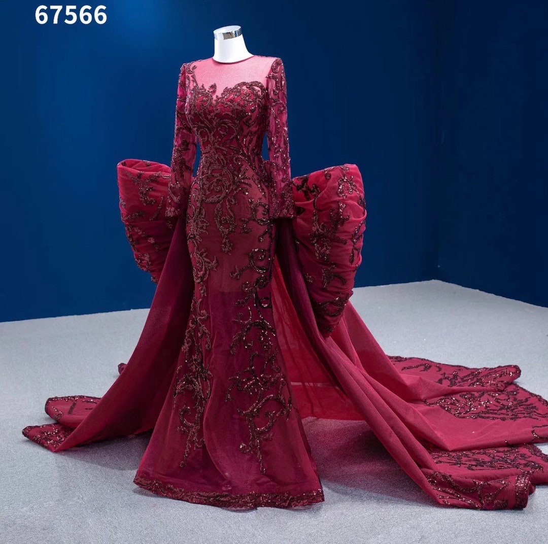 2538 Burgundy Tulle Train Mermaid Dress