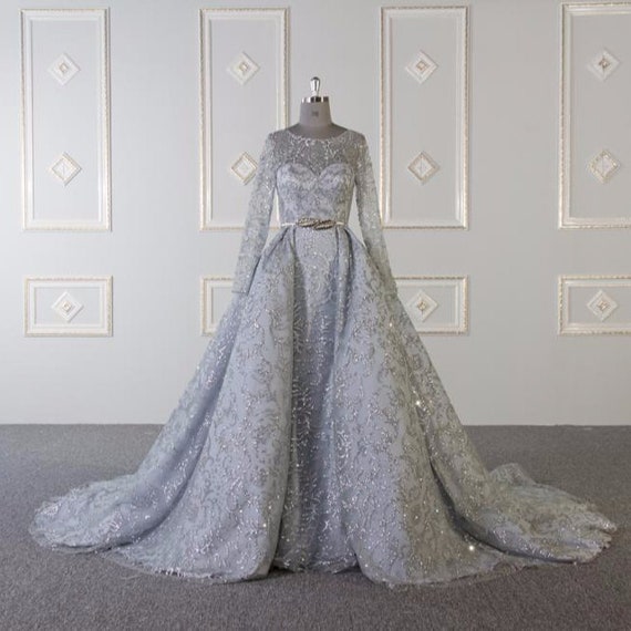 Custom Made Grey Glitter Long Sleeve Gown with Over skirt Evening Bridal Dress