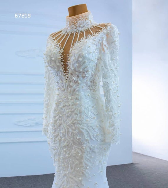 White Pearl Beaded Wedding Dress - Etsy 