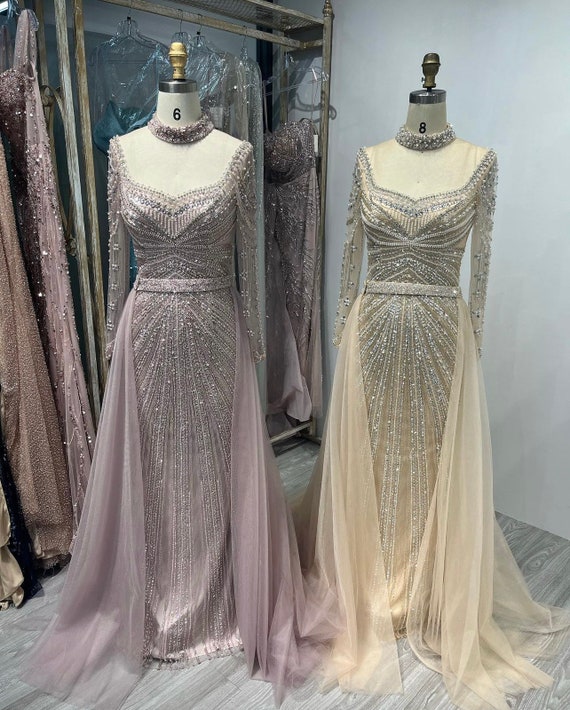 Long sleeve top beaded prom dress