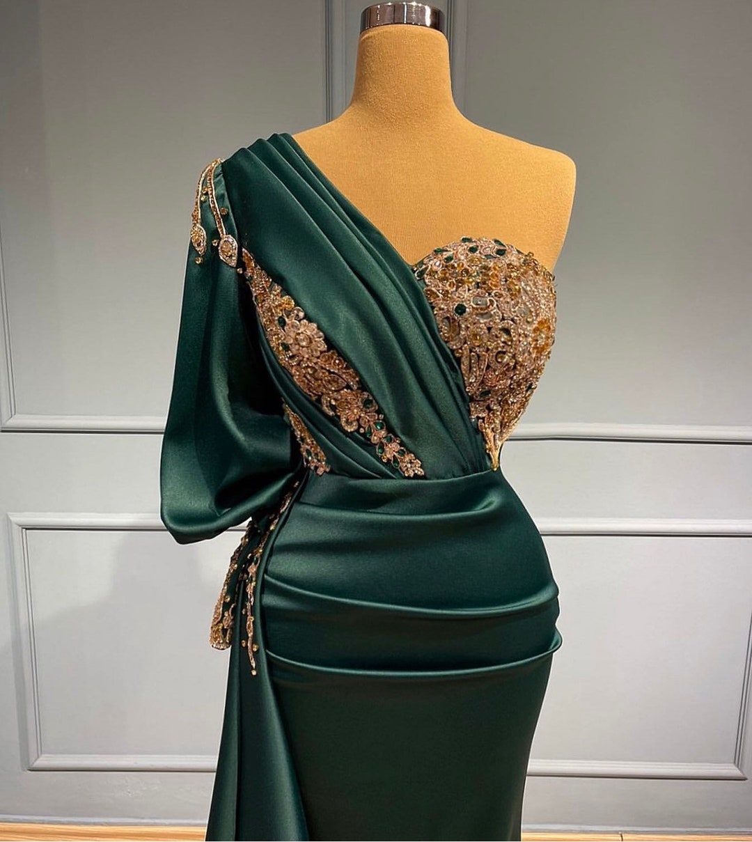 Emerald Green Satin Beaded Nikkah Evening Dress - Etsy