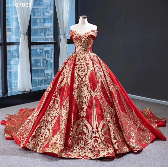 Red and Gold Lace Sequin Ball Gown Etsy Canada