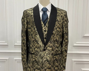 Gold Damask Pattern Mens Jacket Suit with Marching vest