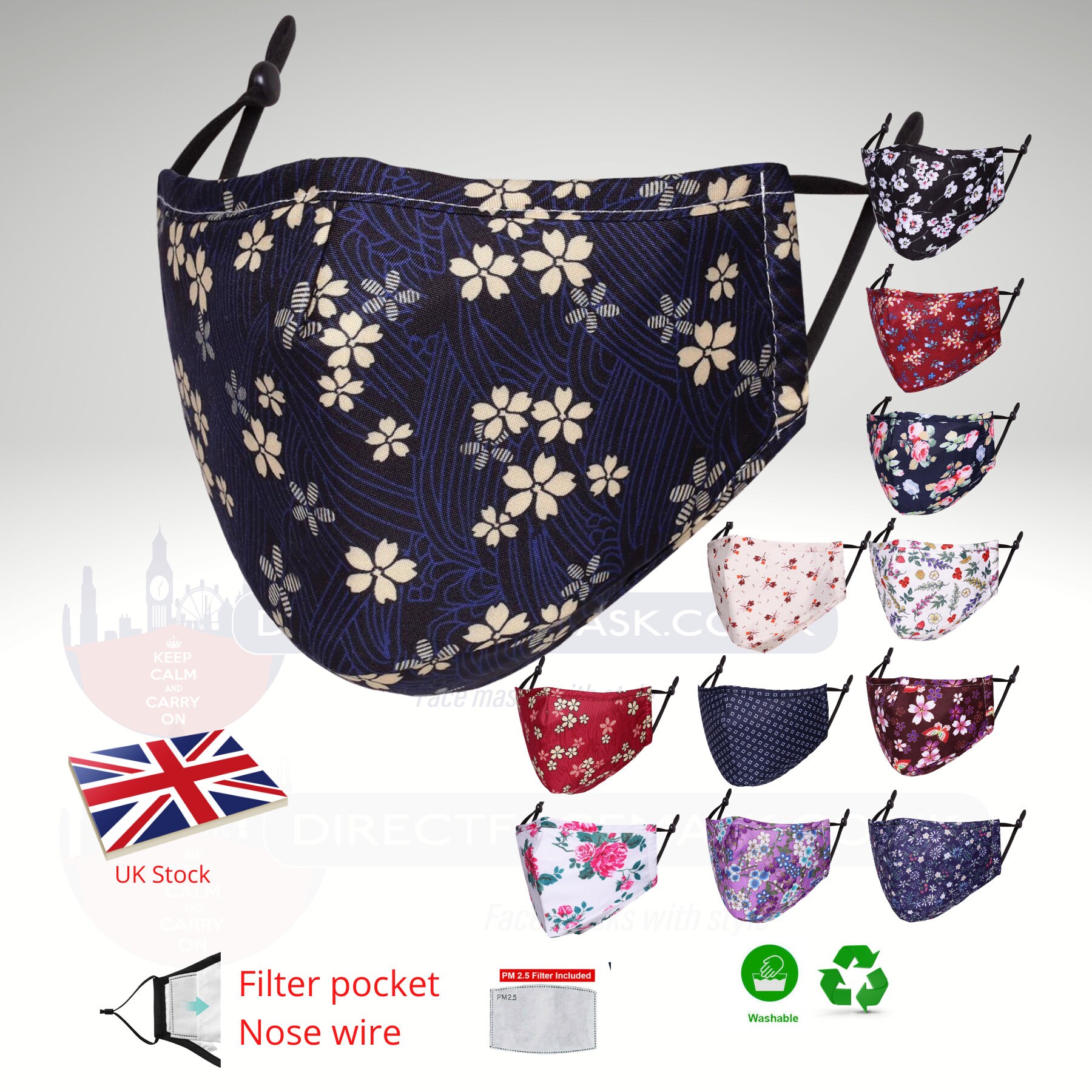 UK Face Mask with Nose Wire and Filter Pocket 3 Layers Cotton Reusabl…