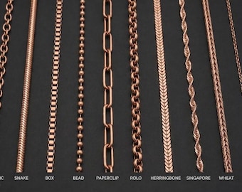 Collar de cobre hecho a mano, cadena de joyería de cobre macizo, caja de serpiente, Rolo, clip de papel, espiga, trigo, cadena, regalo para ella