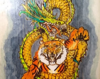 Dragon Art - Wood burning painting: Oriental Dragon wrapped around a Tiger