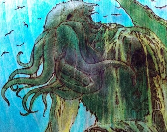 Fantasy Art: From the Mind of H.P. Lovecraft - Cthulhu. Colored Wood Burning Image