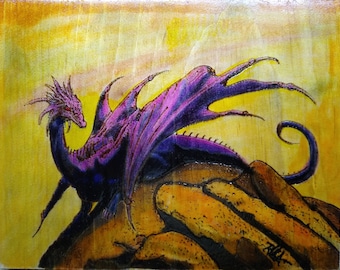 Dragon Art - Wood Burning Image of a Purple Dragon against the Rising Sun