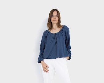 Blue Blouse, Elegant Women's Blouse, Long Sleeve Top