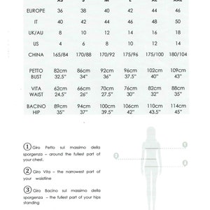 May include: A size guide with measurements in inches and centimeters. The guide includes European, Italian, UK/AU, US, and Chinese sizes, along with bust, waist, and hip measurements. A diagram illustrates where to measure the body.