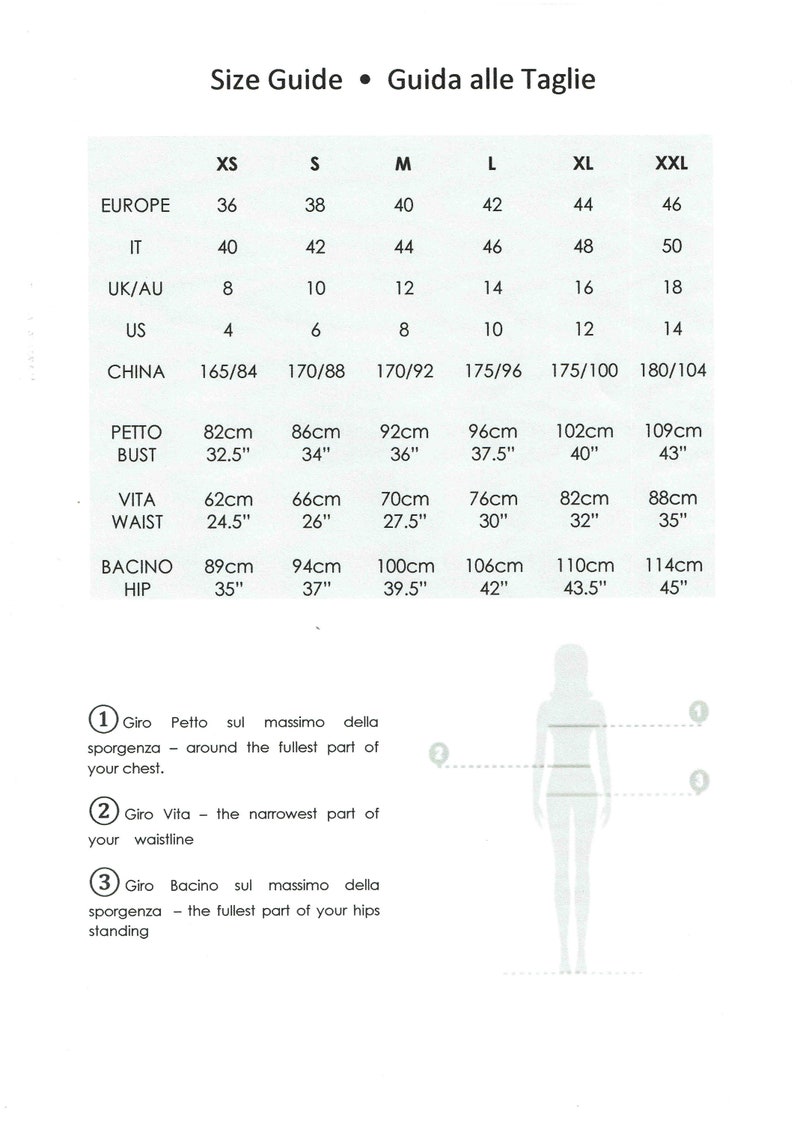 May include: A size guide with measurements in inches and centimeters. The guide includes European, Italian, UK/AU, US, and Chinese sizes, along with bust, waist, and hip measurements. A diagram illustrates where to measure the body.