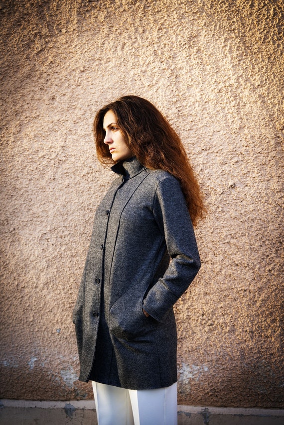Giacca Lunga Da Donna Blazer Di Lana Cappotto Grigio Abbigliamento Da Donna Cardigan Casual Etsy Canada