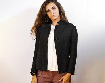 Blazer en lin pour femmes, veste en lin court, blazer en lin noir élégant, vêtements en lin, vêtements minimalistes, veste d’été