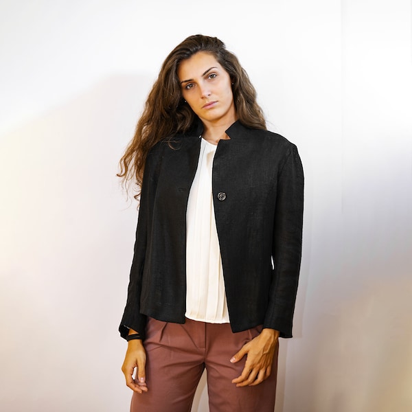 Damen-Leinenblazer, kurze Leinenjacke, eleganter schwarzer Leinenblazer, Leinenkleidung, minimalistische Kleidung, Sommerjacke