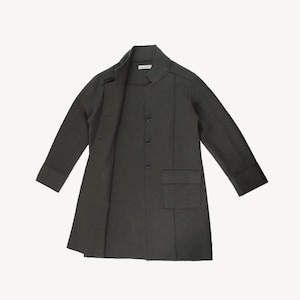 May include: A dark gray long-sleeved coat with a mandarin collar, four buttons, and a patch pocket on the right side.