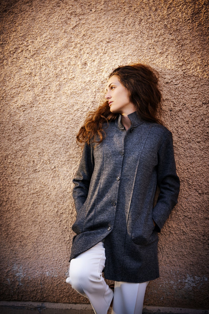 Giacca lunga da donna, Blazer di lana, Cappotto grigio, Abbigliamento da donna, Cardigan casual image 2