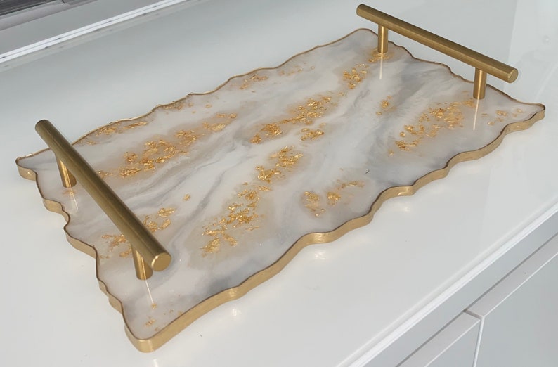 White and Gold Marble Resin Tray Etsy