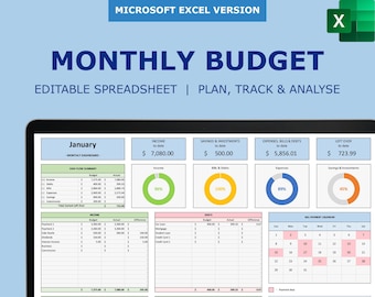 Monthly Budget Spreadsheet – your Personal Budget Planner, Expense & Bill Tracker, and Spending Analysis Tool. MS Excel template.