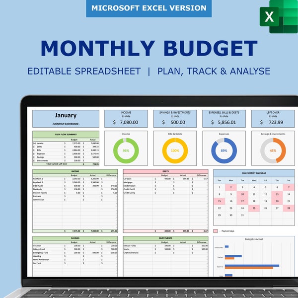 Foglio di calcolo del budget mensile: il tuo pianificatore di budget personale, il tracker di spese e fatture e lo strumento di analisi della spesa. Modello Microsoft Excel.