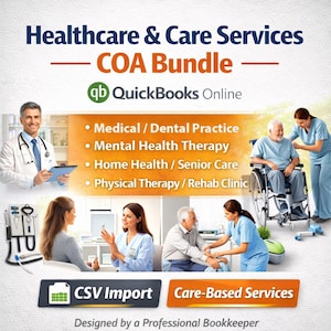 May include: An advertisement for healthcare and care services, featuring the text "Healthcare & Care Services COA Bundle" and "QuickBooks Online." The image includes illustrations of medical professionals and patients, with service categories listed.