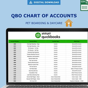 May include: A digital download graphic with the text "QBO CHART OF ACCOUNTS" and "PET BOARDING & DAYCARE." The image displays a QuickBooks chart of accounts for pet boarding and daycare services, with account names and types.