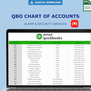 Może przedstawiać: Ekran laptopa wyświetla wykres kont QuickBooks dla usług alarmowych i bezpieczeństwa. Dokument jest oznaczony jako "QBO CHART OF ACCOUNTS" i zawiera kategorie takie jak "Przychody z instalacji", "Opłaty za monitoring" i "Sprzedaż sprzętu".