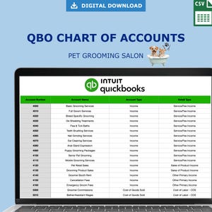 May include: A digital download graphic with the text "QBO CHART OF ACCOUNTS" and "PET GROOMING SALON." The image includes a QuickBooks logo and a chart of accounts for a pet grooming business.