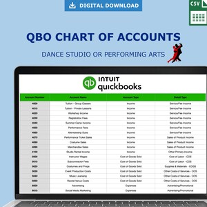 May include: A digital download graphic with the text "QBO CHART OF ACCOUNTS" and "DANCE STUDIO OR PERFORMING ARTS." The image displays a QuickBooks chart of accounts, with a CSV icon in the top right corner. The chart includes account numbers, names, types, and detail types.