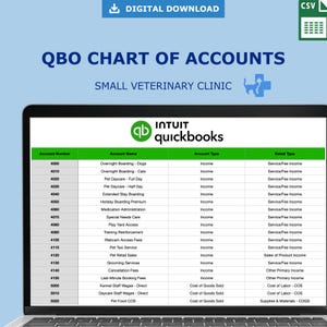 May include: A digital download of a QuickBooks chart of accounts for a small veterinary clinic. The document displays account numbers, names, types, and detail types, including income and cost of goods sold categories. The document is displayed on a laptop screen.