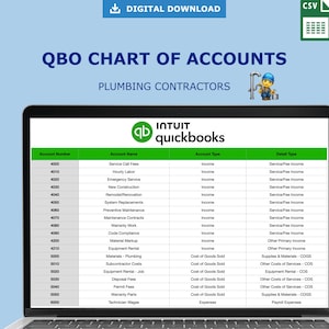 May include: A digital download graphic with the text "QBO CHART OF ACCOUNTS" for plumbing contractors. The image shows an Intuit QuickBooks chart of accounts with account numbers, names, types, and detail types. Includes a CSV icon.