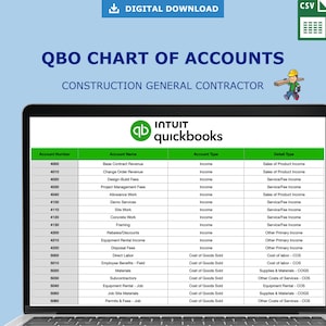 Plan comptable de construction pour QuickBooks en ligne | Modèle de COA d'entrepreneur général | Importation CSV