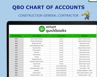 Konstruktionskontenplan für QuickBooks Online | Generalunternehmer COA Vorlage | CSV Import
