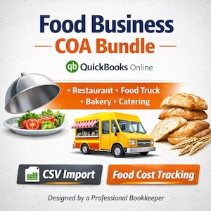 May include: An illustration promoting a "Food Business COA Bundle" with a yellow food truck, a plate of food, and baked goods. Text includes "QuickBooks Online," "CSV Import," and "Food Cost Tracking."