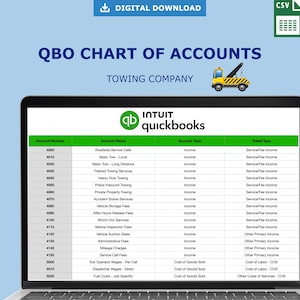 May include: A laptop screen displaying a QuickBooks chart of accounts for a towing company. The image includes a table with account numbers, names, types, and detail types. The top of the image has the text "QBO CHART OF ACCOUNTS" and "TOWING COMPANY".