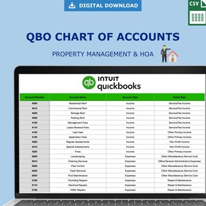 May include: A digital download of a QuickBooks chart of accounts for property management and HOA. The spreadsheet displays account numbers, names, types, and detail types, including income and expenses. The QuickBooks logo is visible.