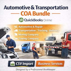 May include: An advertisement for an automotive and transportation COA bundle, featuring the QuickBooks Online logo. The image includes illustrations of mechanics, trucks, and towing vehicles, with text indicating services like automotive repair and moving companies. The bottom banner reads "CSV Import" and "Business Services."