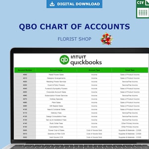 May include: A laptop screen displays a QuickBooks chart of accounts for a florist shop. The screen shows account numbers, names, types, and detail types. The top of the screen has the text "QBO CHART OF ACCOUNTS" and "FLORIST SHOP". A digital download and CSV icon are also visible.