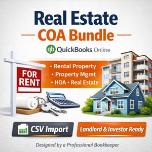 May include: An advertisement for a real estate COA bundle, featuring a sign that says "For Rent", a house, and a calculator. The text includes "QuickBooks Online", "Rental Property", "Property Mgmt", "HOA Real Estate", "CSV Import", and "Landlord & Investor Ready".