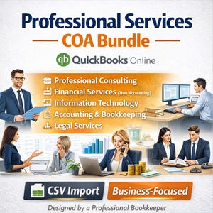 May include: An advertisement for professional services, featuring the text "Professional Services COA Bundle" and "QuickBooks Online." The image includes illustrations of people in business settings, with icons representing consulting, financial services, IT, accounting, and legal services. The bottom banner reads "CSV Import" and "Business-Focused."
