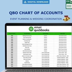 May include: A laptop screen displays a QuickBooks chart of accounts for event planning and wedding coordination. The document is labeled "QBO CHART OF ACCOUNTS" and includes account numbers, names, types, and detail types. The top of the screen has a "DIGITAL DOWNLOAD" and "CSV" icon.