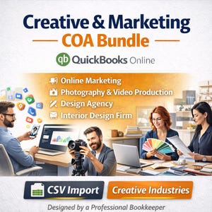 May include: A promotional image for a "Creative & Marketing COA Bundle" from QuickBooks Online. The image features a team of professionals working on marketing, photography, design, and interior design. The image includes the text "CSV Import" and "Creative Industries".