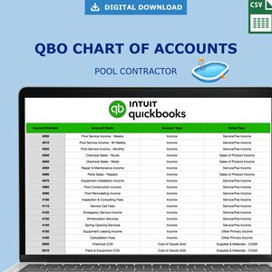 Puede incluir: Una descarga digital de un cuadro de cuentas de QuickBooks para un contratista de piscinas. El documento muestra números de cuenta, nombres, tipos y tipos de detalles. La imagen incluye el logotipo de QuickBooks y un pequeño gráfico de una piscina.