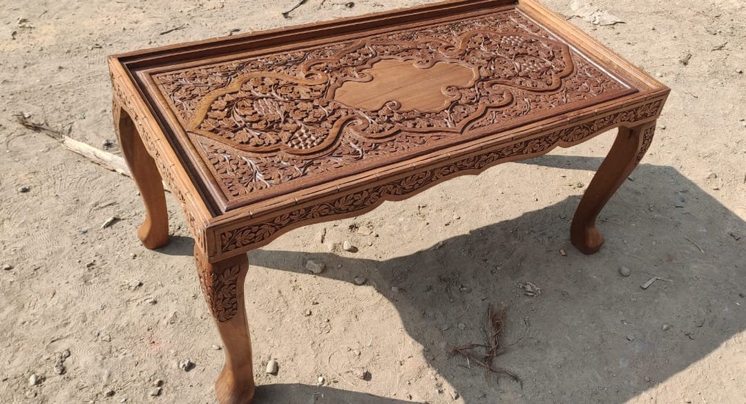 Walnut Wooden Coffee Table Tea Table Center Table Hand Carved Vintage Art Deco Style Decorative