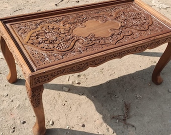 walnut wooden coffee table tea table center table hand carved vintage art deco style decorative India furniture