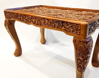 walnut wooden coffee table tea table side table hand carved vintage art deco style decorative small corner table India furniture