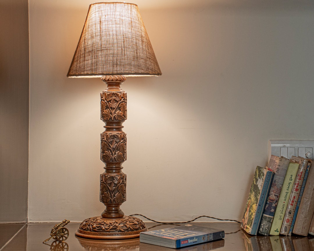 Carved Vintage Wood Table Lamp Handmade Pair Wooden Table Etsy