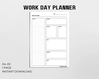 Puede incluir: Un planificador de jornada laboral en blanco y negro, con secciones para horario, recordatorios, prioridades, reuniones, notas, plazos y correos electrónicos. El planificador está etiquetado A4, A5, 1 página y descarga instantánea.
