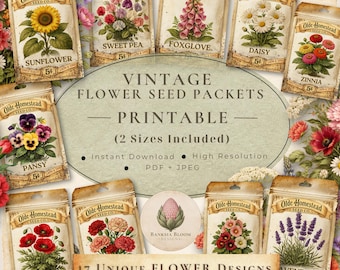May include: A collection of vintage-style flower seed packets featuring illustrations of sunflowers, sweet peas, foxgloves, daisies, zinnias, pansies, poppies, carnations, hollyhocks, and lavender, with text reading VINTAGE FLOWER SEED PACKETS PRINTABLE.