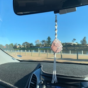 Macrame Crystal Car Charm / Mirror Decorator / Car Accessory / Gorgeous Gift / Rear View Mirror / New Car / First Car / Rose Quartz/ Present