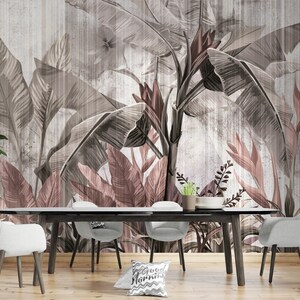 Tropical Watercolour Banana Leaves, Peel and Stick Wallpaper, Removable Wall Mural, Nonvowen Breathable Wallpaper